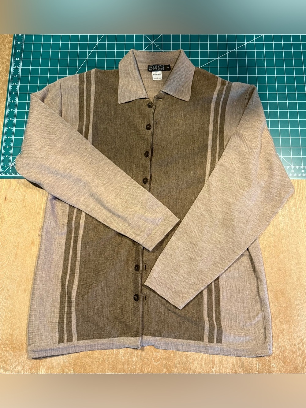 Barneys New York Taupe Merino Polo Cardigan